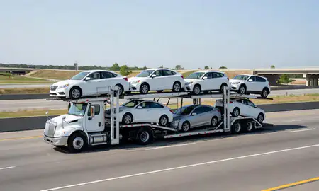 Multi-level car carrier on the highway to Bolingbrook, Illinois, United States