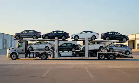 Car transporter parked in an industrial area of Bolingbrook, Illinois, United States
