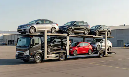 Car transporter loaded with vehicles in Bolingbrook, Illinois, United States