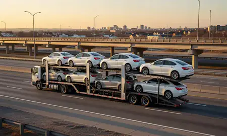 Car transporter with the Bolingbrook, Illinois, United States skyline behind it