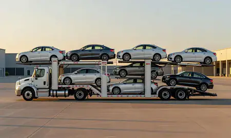 Car transporter parked in an industrial area of Champaign, Illinois, United States