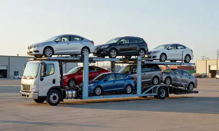 Car transporter loaded with vehicles in Champaign, Illinois, United States