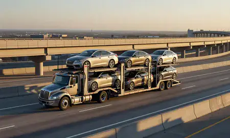 Car transporter with the Champaign, Illinois, United States skyline behind it