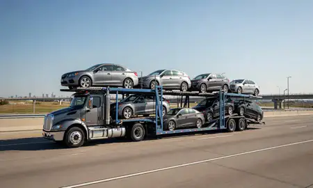 Multi-level car carrier on the highway to Chicago, Illinois, United States
