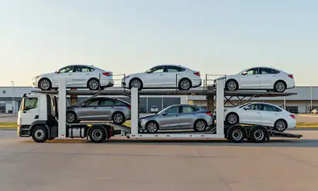 Car transporter parked in an industrial area of Chicago, Illinois, United States