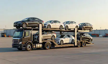 Car transporter loaded with vehicles in Chicago, Illinois, United States