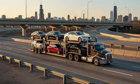 Car transporter with the Chicago, Illinois, United States skyline behind it