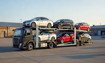 Car transporter loaded with vehicles in Cicero, Illinois, United States
