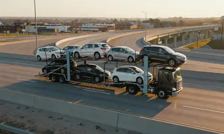 Car transporter with the Cicero, Illinois, United States skyline behind it