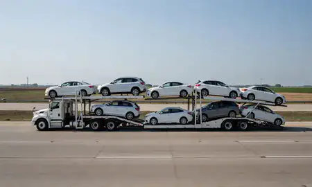 Multi-level car carrier on the highway to Decatur, Illinois, United States