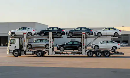 Car transporter parked in an industrial area of Decatur, Illinois, United States