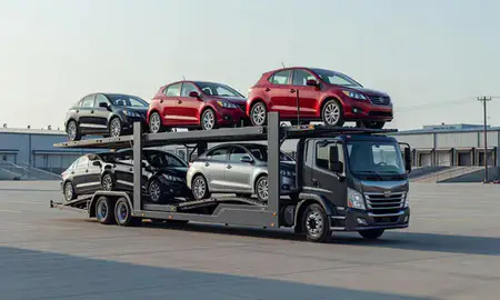 Car transporter loaded with vehicles in Decatur, Illinois, United States