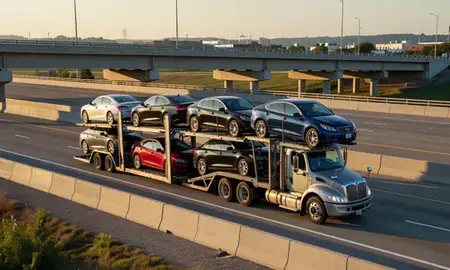 Car transporter with the Decatur, Illinois, United States skyline behind it