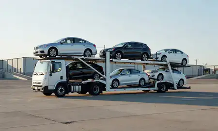 Car transporter loaded with vehicles in Des Plaines, Illinois, United States