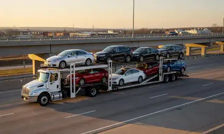 Car transporter with the Des Plaines, Illinois, United States skyline behind it