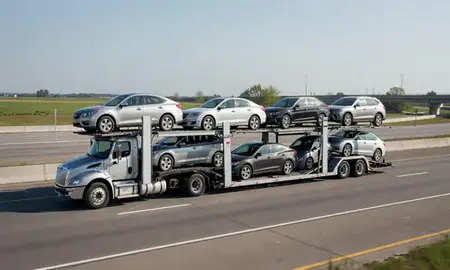Multi-level car carrier on the highway to Elgin, Illinois, United States