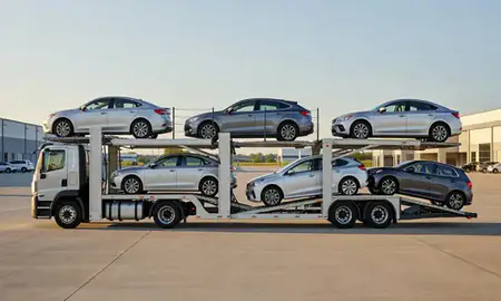 Car transporter parked in an industrial area of Elgin, Illinois, United States