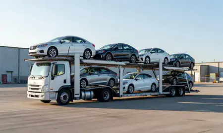 Car transporter loaded with vehicles in Elgin, Illinois, United States