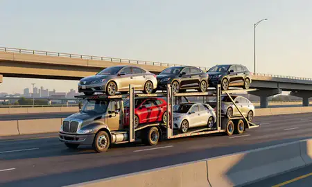 Car transporter with the Elgin, Illinois, United States skyline behind it