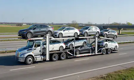 Multi-level car carrier on the highway to Evanston, Illinois, United States