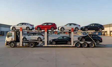 Car transporter parked in an industrial area of Evanston, Illinois, United States