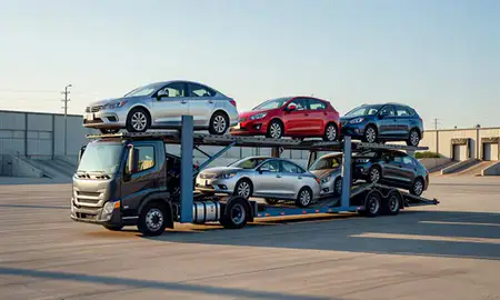 Car transporter loaded with vehicles in Evanston, Illinois, United States