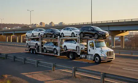 Car transporter with the Evanston, Illinois, United States skyline behind it