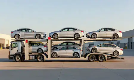 Car transporter parked in an industrial area of Joliet, Illinois, United States