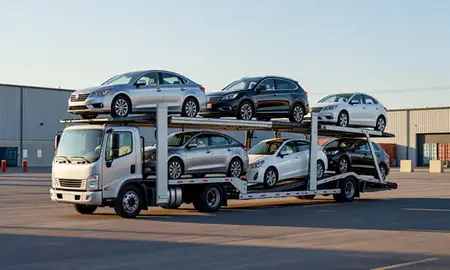 Car transporter loaded with vehicles in Joliet, Illinois, United States