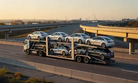 Car transporter with the Joliet, Illinois, United States skyline behind it
