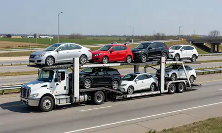 Multi-level car carrier on the highway to Kankakee, Illinois, United States