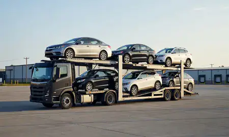 Car transporter loaded with vehicles in Kankakee, Illinois, United States