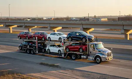 Car transporter with the Kankakee, Illinois, United States skyline behind it