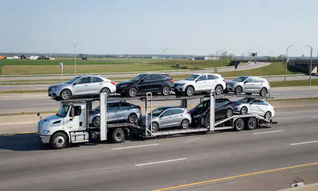 Multi-level car carrier on the highway to Mount Prospect, Illinois, United States