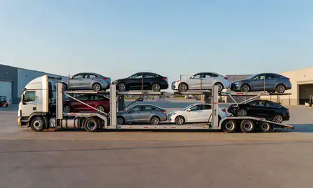 Car transporter parked in an industrial area of Mount Prospect, Illinois, United States