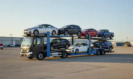 Car transporter loaded with vehicles in Mount Prospect, Illinois, United States