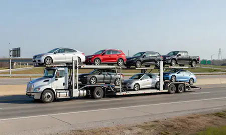 Multi-level car carrier on the highway to Naperville, Illinois, United States