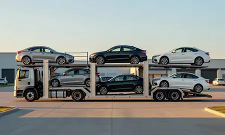 Car transporter parked in an industrial area of Naperville, Illinois, United States