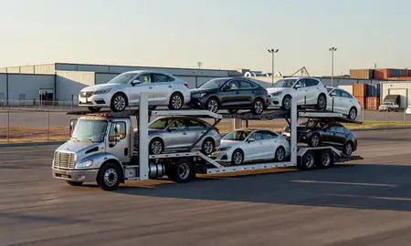 Car transporter loaded with vehicles in Naperville, Illinois, United States
