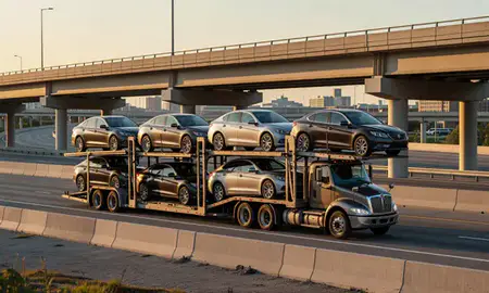 Car transporter with the Naperville, Illinois, United States skyline behind it