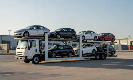 Car transporter loaded with vehicles in Oak Lawn, Illinois, United States