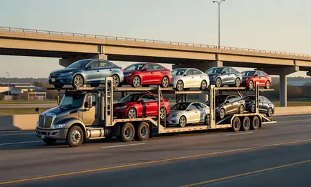 Car transporter with the Oak Lawn, Illinois, United States skyline behind it