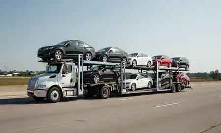 Multi-level car carrier on the highway to Oak Park, Illinois, United States