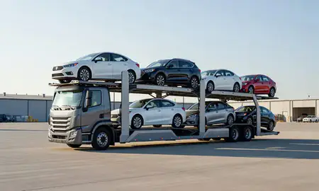 Car transporter loaded with vehicles in Oak Park, Illinois, United States