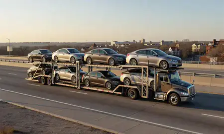 Car transporter with the Oak Park, Illinois, United States skyline behind it