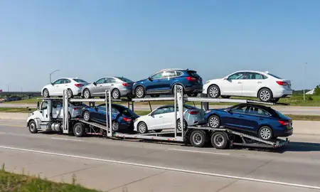 Multi-level car carrier on the highway to Orland Park, Illinois, United States