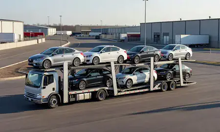 Car transporter loaded with vehicles in Orland Park, Illinois, United States