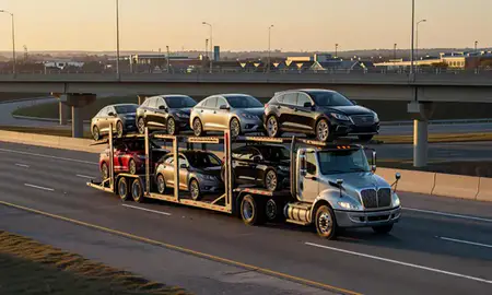 Car transporter with the Orland Park, Illinois, United States skyline behind it