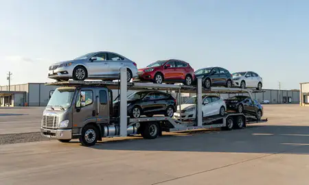 Car transporter loaded with vehicles in Palatine, Illinois, United States