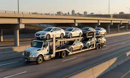 Car transporter with the Palatine, Illinois, United States skyline behind it